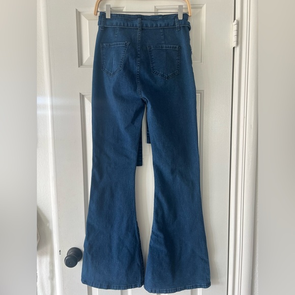 Shein Stretch Blue Flared Wide-Leg Bell Bottom High Waisted Belted Denim Jeans 4 - Picture 3 of 4